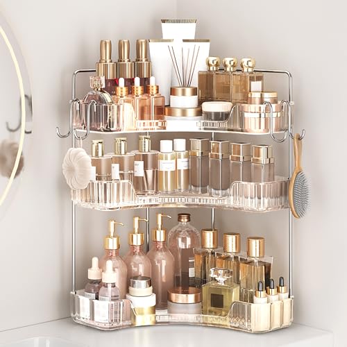 Kinkota Corner Bathroom Counter Organizer 3-Tier Bathroom Organizer Countertop with Hooks Perfume Organizers Storage Shelf for Makeup & Skincare Dresser-Clear - Image 1