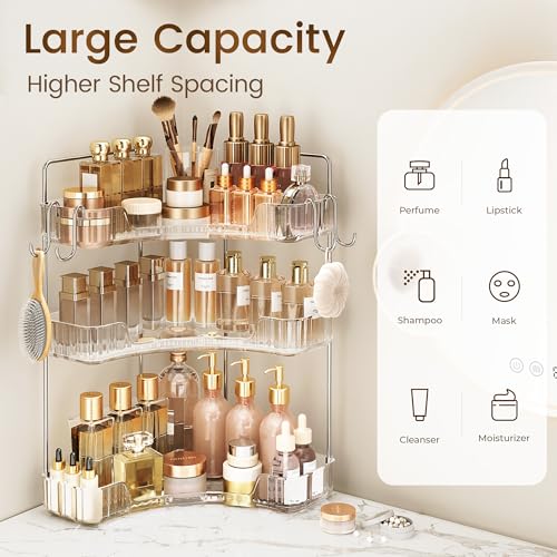 Kinkota Corner Bathroom Counter Organizer 3-Tier Bathroom Organizer Countertop with Hooks Perfume Organizers Storage Shelf for Makeup & Skincare Dresser-Clear - Image 4