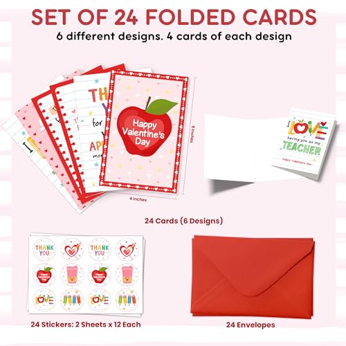 KATLADIZ 24 Packs Teacher Valentine Card - Valentines Day Cards for Teachers, Preschool Daycare Elementary School Valentines Cards for Teachers - 4.0''x 6.0'' 6 Designs Card with Envelopes, Stickers - Image 2