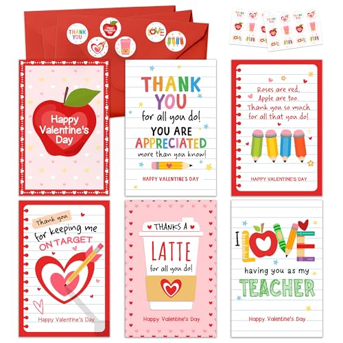 KATLADIZ 24 Packs Teacher Valentine Card - Valentines Day Cards for Teachers, Preschool Daycare Elementary School Valentines Cards for Teachers - 4.0''x 6.0'' 6 Designs Card with Envelopes, Stickers - Image 1