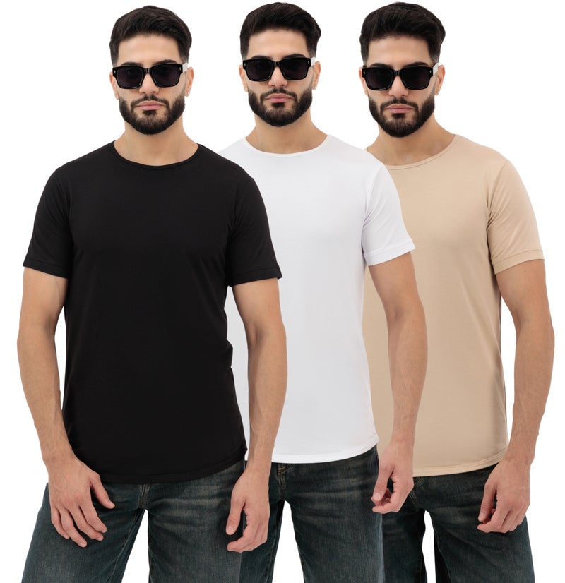 Vasl Hub VaslHub Plain T-Shirts for Men – Cotton Crew Neck Regular Fit – Pack of 3 – Black, White and Sandstone - Image 1