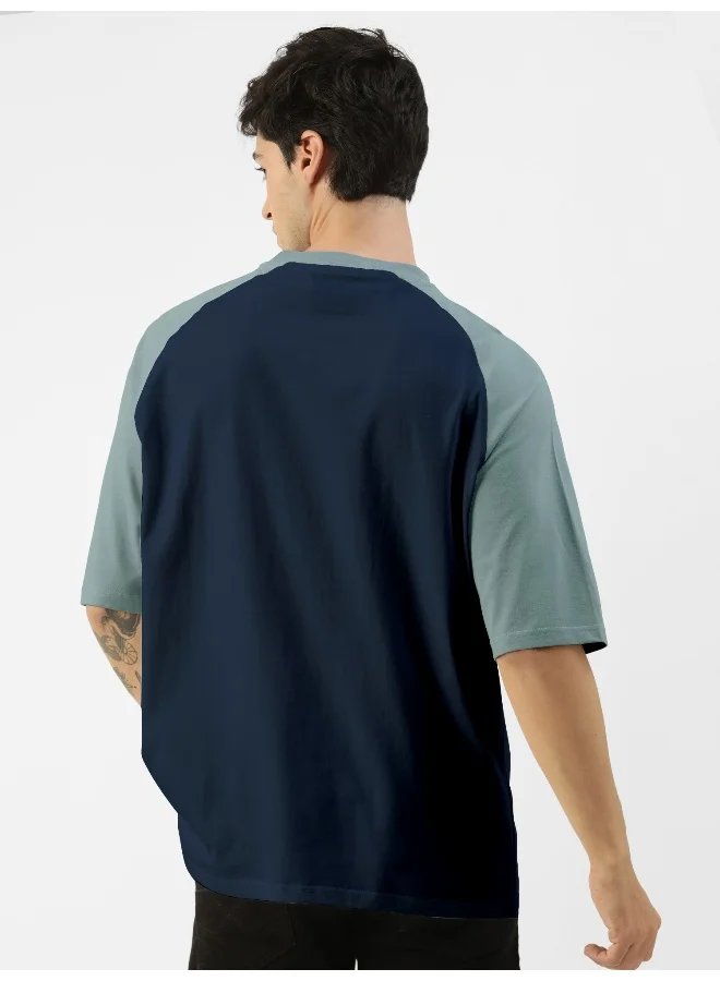 Maniac Mens Printed Round Neck raglan 3/4th Sleeve Navy and Light Grey Cotton Oversized Tshirt