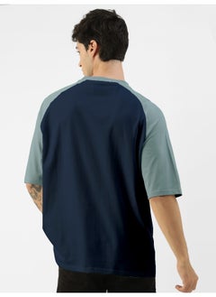 Maniac Mens Printed Round Neck raglan 3/4th Sleeve Navy and Light Grey Cotton Oversized Tshirt  - Image 5