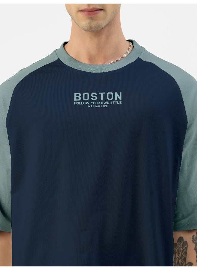 Maniac - Mens Printed Round Neck raglan 3/4th Sleeve Navy and Light Grey Cotton Oversized Tshirt - Image 1