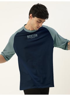 Maniac Mens Printed Round Neck raglan 3/4th Sleeve Navy and Light Grey Cotton Oversized Tshirt  - Image 2