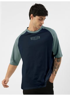 Maniac Mens Printed Round Neck raglan 3/4th Sleeve Navy and Light Grey Cotton Oversized Tshirt  - Image 4