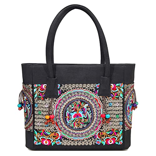 SILKAREA Embroidered Large Canvas Tote Bag for Women with Zipper Handmade Vintage Handbag Shoulder Bag (S1 Black) - Image 1