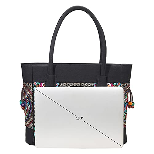 SILKAREA Embroidered Large Canvas Tote Bag for Women with Zipper Handmade Vintage Handbag Shoulder Bag (S1 Black) - Image 3