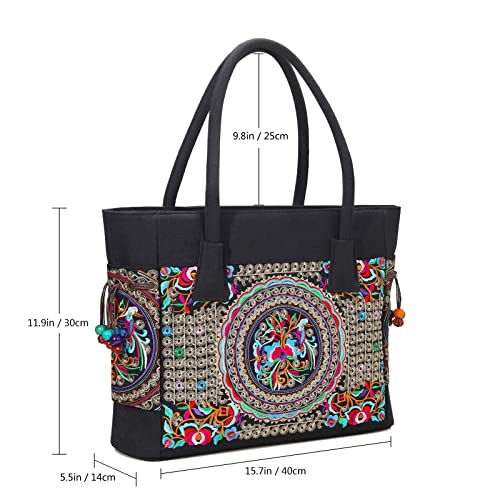 SILKAREA Embroidered Large Canvas Tote Bag for Women with Zipper Handmade Vintage Handbag Shoulder Bag (S1 Black) - Image 2