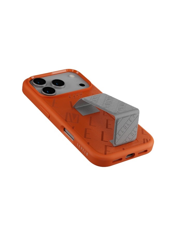 LEVELO iPhone 17 Pro Max MagSafe Case Morphix PU Leather with Sleek Strap for Firm Hold / Magnetic Grip Stand / Shock-Resistant-Bumper / Sleek Faux Leather Back Cover - SunRise Storm - Image 2