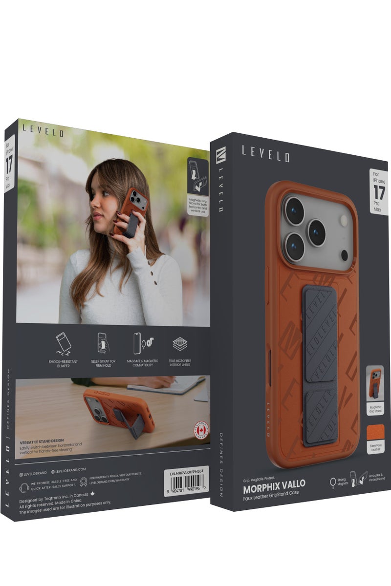 LEVELO iPhone 17 Pro Max MagSafe Case Morphix PU Leather with Sleek Strap for Firm Hold / Magnetic Grip Stand / Shock-Resistant-Bumper / Sleek Faux Leather Back Cover - SunRise Storm - Image 3