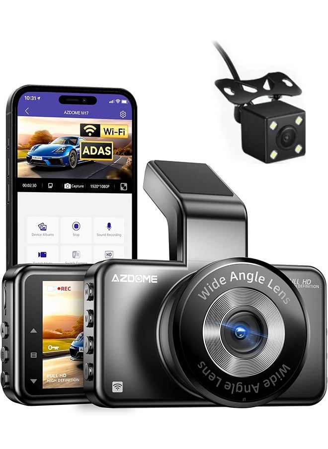 M17 Pro WiFi Front + Rear Dash Cam, FHD 1080P Car Driving Recorder, 3" Screen,150° Wide Angle, Driving Assistant ADAS, G-Sensor Loop Recording, Night Vision Parking Mode 