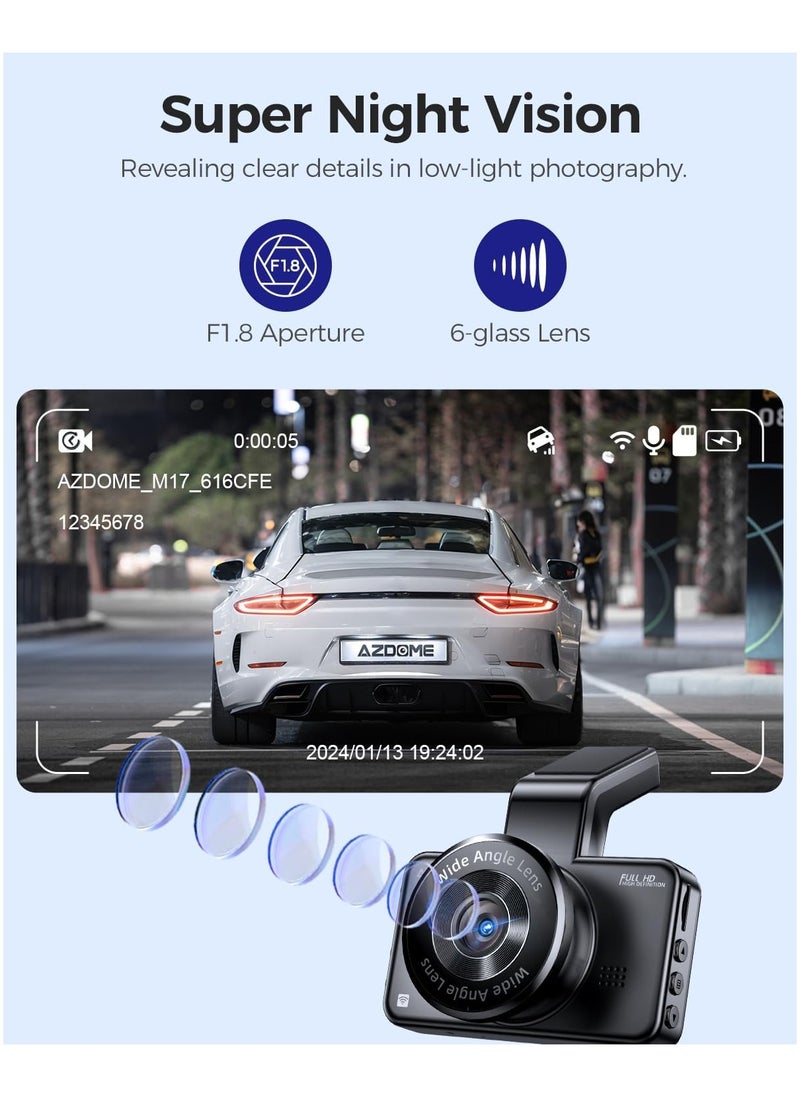 AZDOME - M17 Pro WiFi Front + Rear Dash Cam, FHD 1080P Car Driving Recorder, 3" Screen,150° Wide Angle, Driving Assistant ADAS, G-Sensor Loop Recording, Night Vision Parking Mode - Image 1