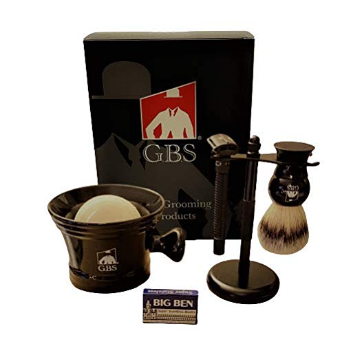 GBS Mens Grooming Set  Double Edge Safety Razor Rubber Coated Butterfly NonSlip Long Razor AllNatural Soap Synthetic Brush Stand Ceramic Mug Includes 15 DE Blades