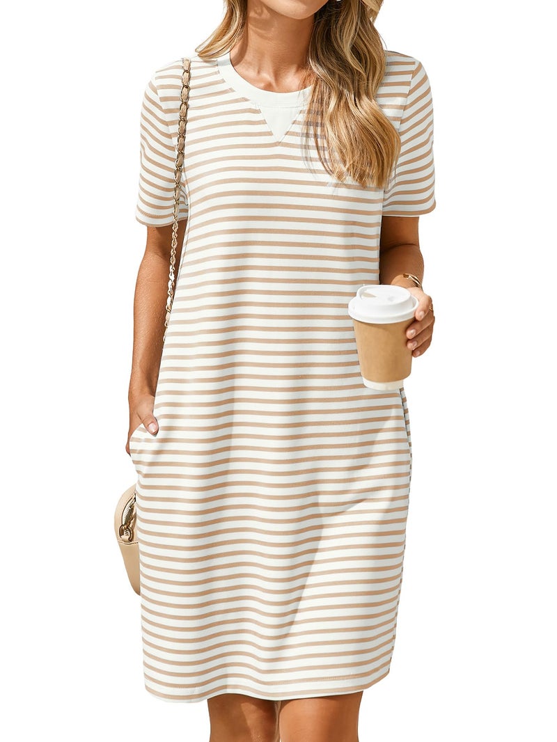 Glamaker Women Summer Tshirt Shift Dress Casual Striped Short Sleeve Crew Neck Knee Length Comfy Dress with Pockets (Beige Stripe XL) - Image 1