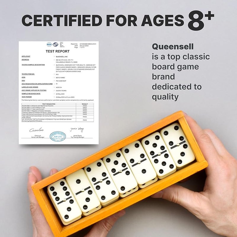 Queensell Dominos Set for Adults – Dominoes - Classic Board Games, Double 6 Dominoes Family Games for Kids and Adults - Double Six Standard Dominos Set 28 Tiles with Wood Case, Juegos de Mesa - Image 5