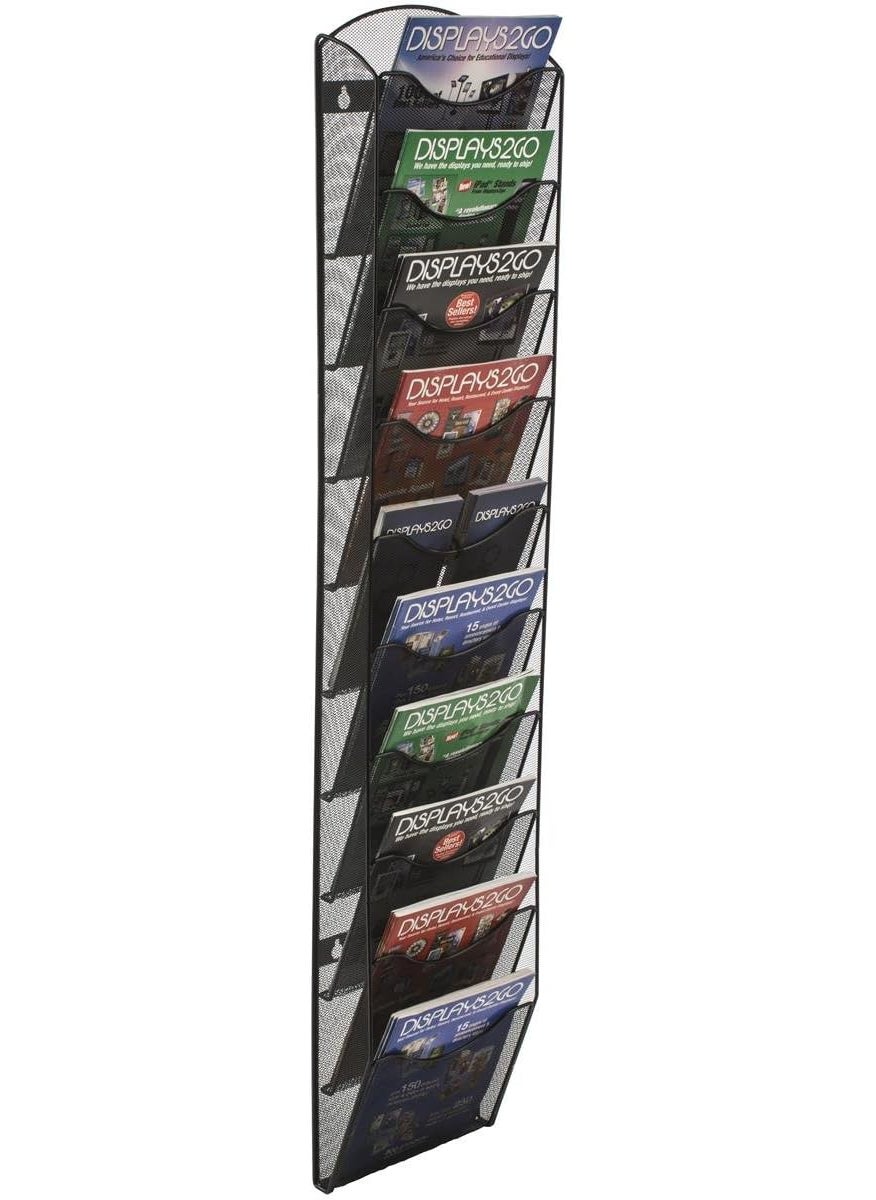 Displays2go Displays2go Wall Mount Literature Rack File Folder Organizer 10 Dividable Pockets Black Steel Mesh  - Image 2