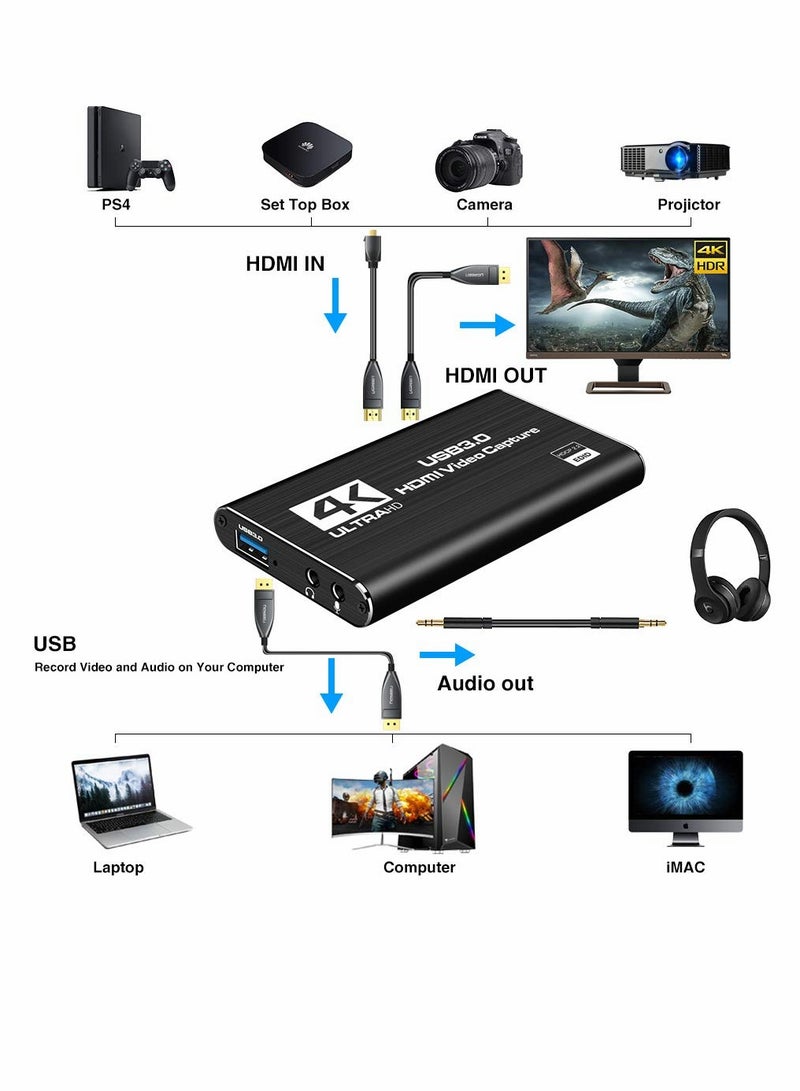 Audio Video Capture Card, HDMI USB3.0 4K 1080P 60fps Reliable Portable Converter for Game Streaming Live Broadcasts Recording (Black) - Image 3