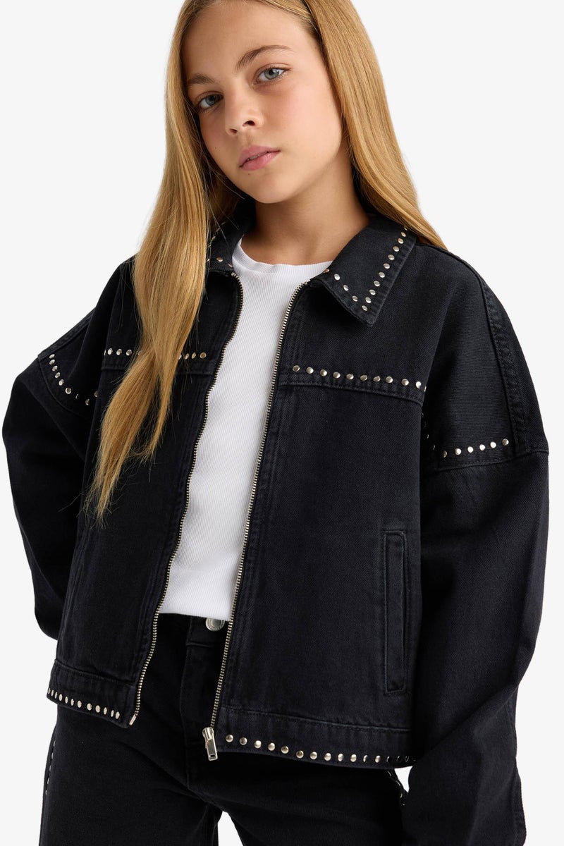 DeFacto Black Girl Girl Cotton Zippered Denim Jacket Casual - Image 4