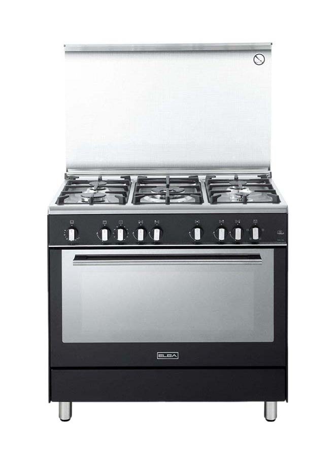 ELBA موقد غاز 90X60 سم 5 شعلات مقلاة حديدية مروحة فرن غاز 8F لون أسود  - Image 1