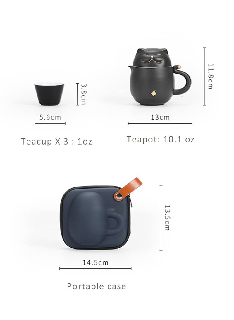 SYOSI - Travel Tea Set, Portable Ceramic Kung Fu Teapot Infuser Set Smiley Cat Shape with 1 Teapot 3 Tea Cups for Outdoor Car Travel Home Gifts and Office (Black) - Image 1