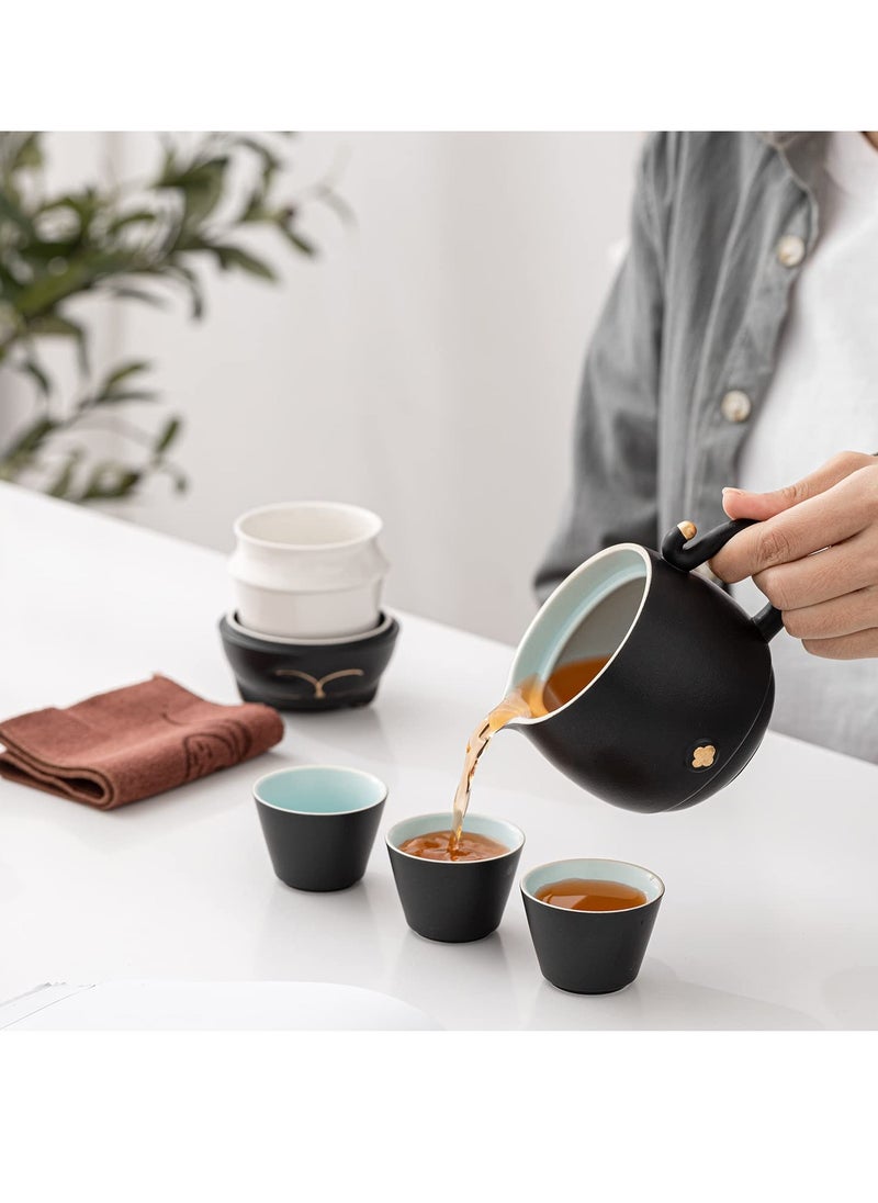 SYOSI - Travel Tea Set, Portable Ceramic Kung Fu Teapot Infuser Set Smiley Cat Shape with 1 Teapot 3 Tea Cups for Outdoor Car Travel Home Gifts and Office (Black) - Image 1