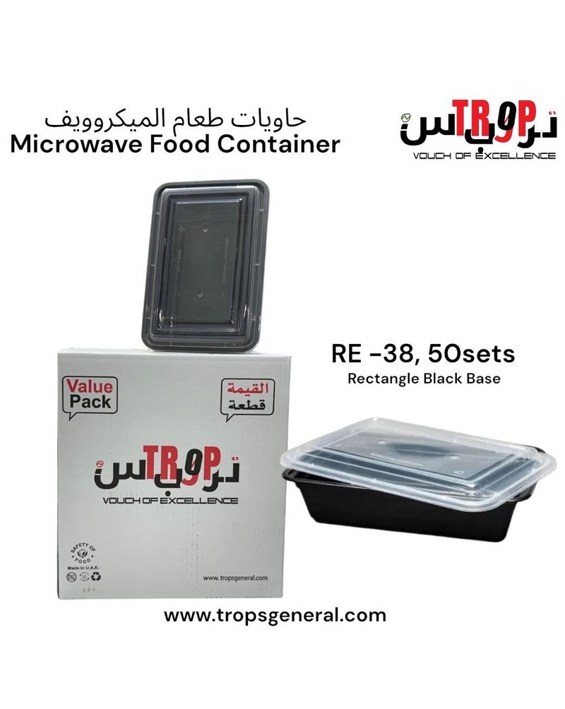 TROPS Disposable Microwaveable Rectangle Black Base Container with Clear Lid (RE-38). (50 PCS, Black, 38 Ounce- 1125 ml) - Image 1