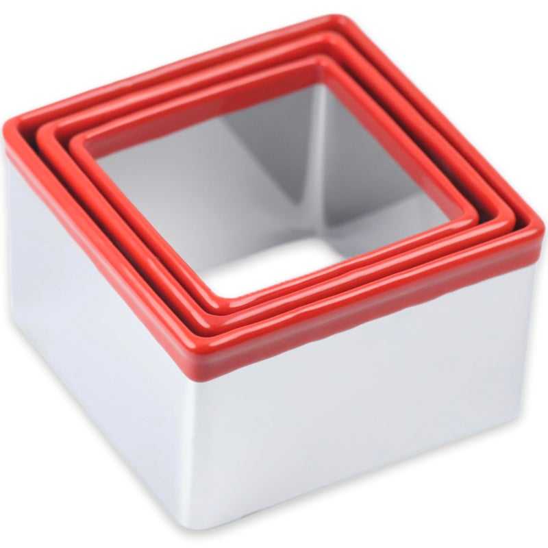 COOKIEQUE 3 Pcs Square Cookie Cutter Set, Stainless Steel Biscuit Cutters for Baking, 2.5â€ 2.9â€ 3.3â€, Sandwich Cutter Shapes for Kids, Red Soft Rubber Top for Protection - Image 1