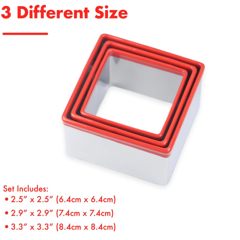 COOKIEQUE 3 Pcs Square Cookie Cutter Set, Stainless Steel Biscuit Cutters for Baking, 2.5â€ 2.9â€ 3.3â€, Sandwich Cutter Shapes for Kids, Red Soft Rubber Top for Protection - Image 3