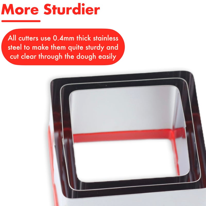 COOKIEQUE 3 Pcs Square Cookie Cutter Set, Stainless Steel Biscuit Cutters for Baking, 2.5â€ 2.9â€ 3.3â€, Sandwich Cutter Shapes for Kids, Red Soft Rubber Top for Protection - Image 5