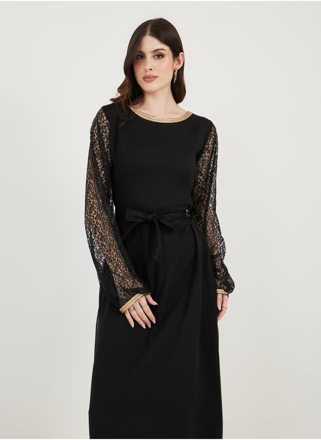 Maxim Creation Flower Lace Sleeves Insert A-Line Maxi Dress by Styli  - Image 4