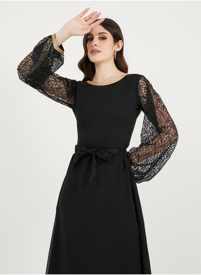 Maxim Creation Flower Lace Sleeves Insert A-Line Maxi Dress by Styli  - Image 2
