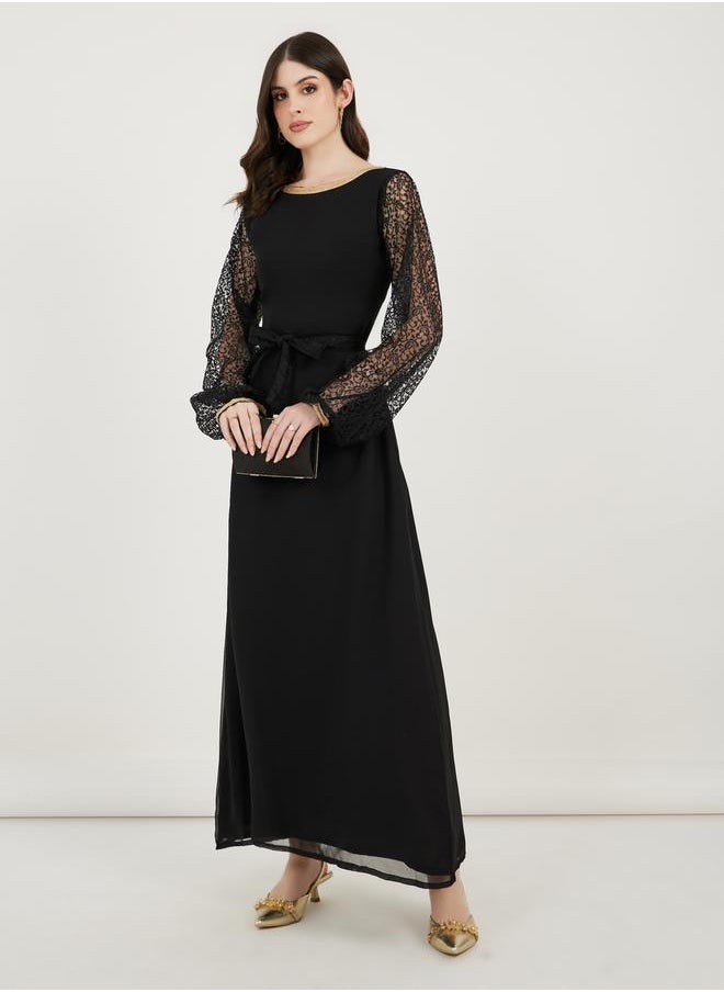 Maxim Creation Flower Lace Sleeves Insert A-Line Maxi Dress by Styli  - Image 3