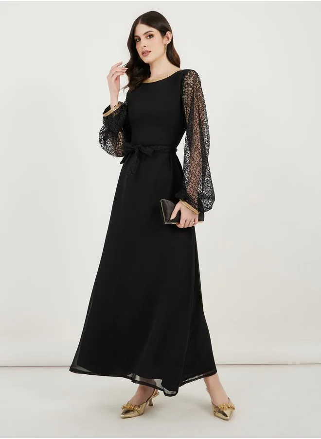 مكسيم كريشن Flower Lace Sleeves Insert A-Line Maxi Dress