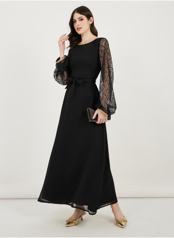 Maxim Creation Flower Lace Sleeves Insert A-Line Maxi Dress by Styli  - Image 1