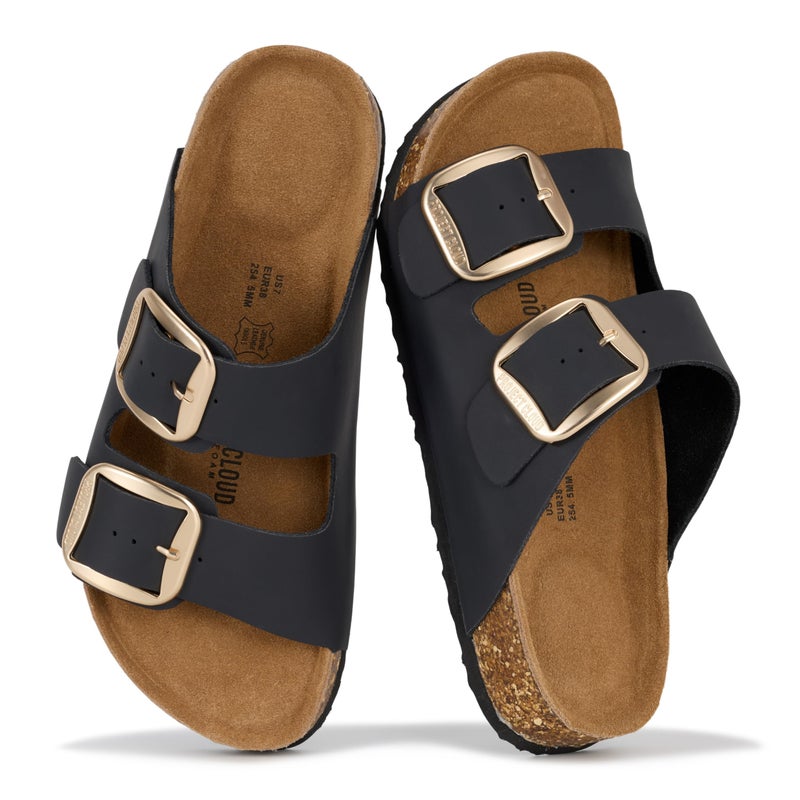 Project Cloud Genuine Leather Flat Sandals for Women 2026 Comfortable Beach Essentials Womens Sandals Memory Foam Vacation Essentials Slides for Women Footwear (Santorini, BLKDIS,6M) - Image 1