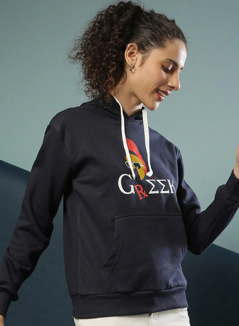 Campus Sutra Women's Midnight Blue Greek Print Pullover Hoodie