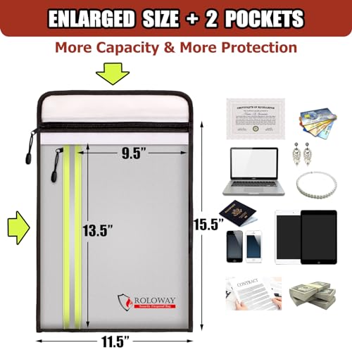 ROLOWAY Fireproof Document Bag (15.5 x 11.5 inch) with 2 Pockets and 5200℉ Aluminum Foil Layer, Fireproof Bag for Document Safe (Silver) - Image 4