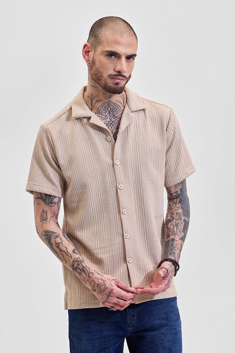 سنيتش Beige Textured Half Sleeve Boxy Casual Shirt