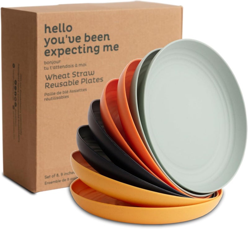Nook Theory Reusable Wheat Straw Plates 8 Pcs  Non Toxic Kids and Toddler Plate Microwavable Dishwasher Safe and Unbreakable Dinnerware Daybreak 9 - Image 1