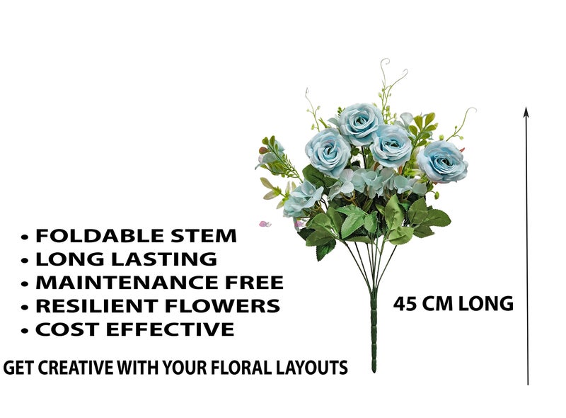 ARTSY Artificial Flowers for Home Decoration Rose Flower Bunch, VASE NOT Included, 1 Piece, Blue - Image 5