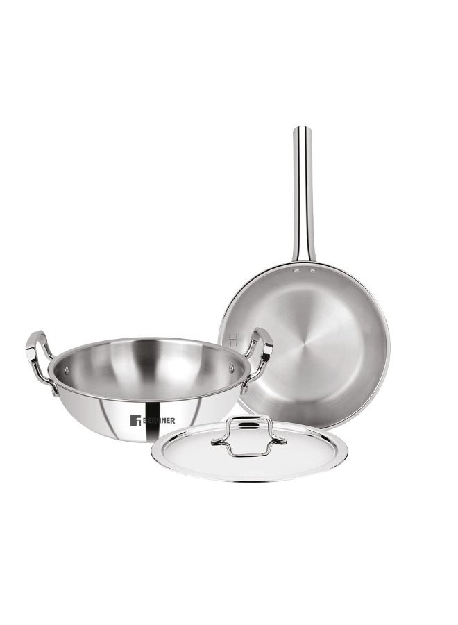Bergner Tripro 7 Pcs Triply Cookware Set - 20cm (3.4L) Casserole with Lid, 24cm (3L) Kadai, 22cm (1.5L) Frypan, 16cm (2L) Tope, 2 Lids, Healthy Cooking - Induction and Gas Stove Ready - Image 4