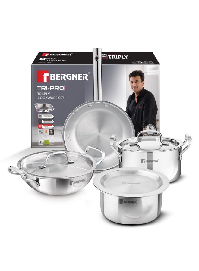 Bergner Tripro 7 Pcs Triply Cookware Set - 20cm (3.4L) Casserole with Lid, 24cm (3L) Kadai, 22cm (1.5L) Frypan, 16cm (2L) Tope, 2 Lids, Healthy Cooking - Induction and Gas Stove Ready - Image 1