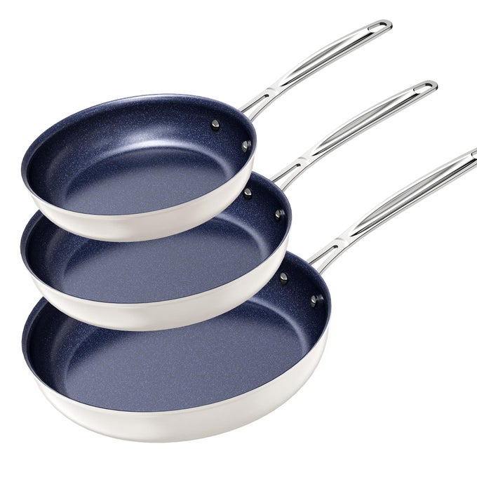 3PIECE FRY PAN SET 8 10 12 FORGED LIGHTWEIGHT G10 HEALTHY DURALON BLUE CERAMIC ULTRA NONSTICK INDUCTIONREADY WORKS ON ALL COOKTOPS ERGONOMIC STAYCOOL HANDLES