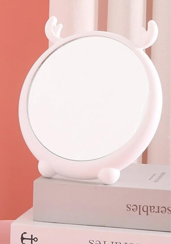 KERFORA Round Vanity Makeup Mirror with Cute Cartoon Design Desktop Stand Folding Plastic Cosmetic Mirror Wall Mountable for Home and Bathroom Use White - Image 2