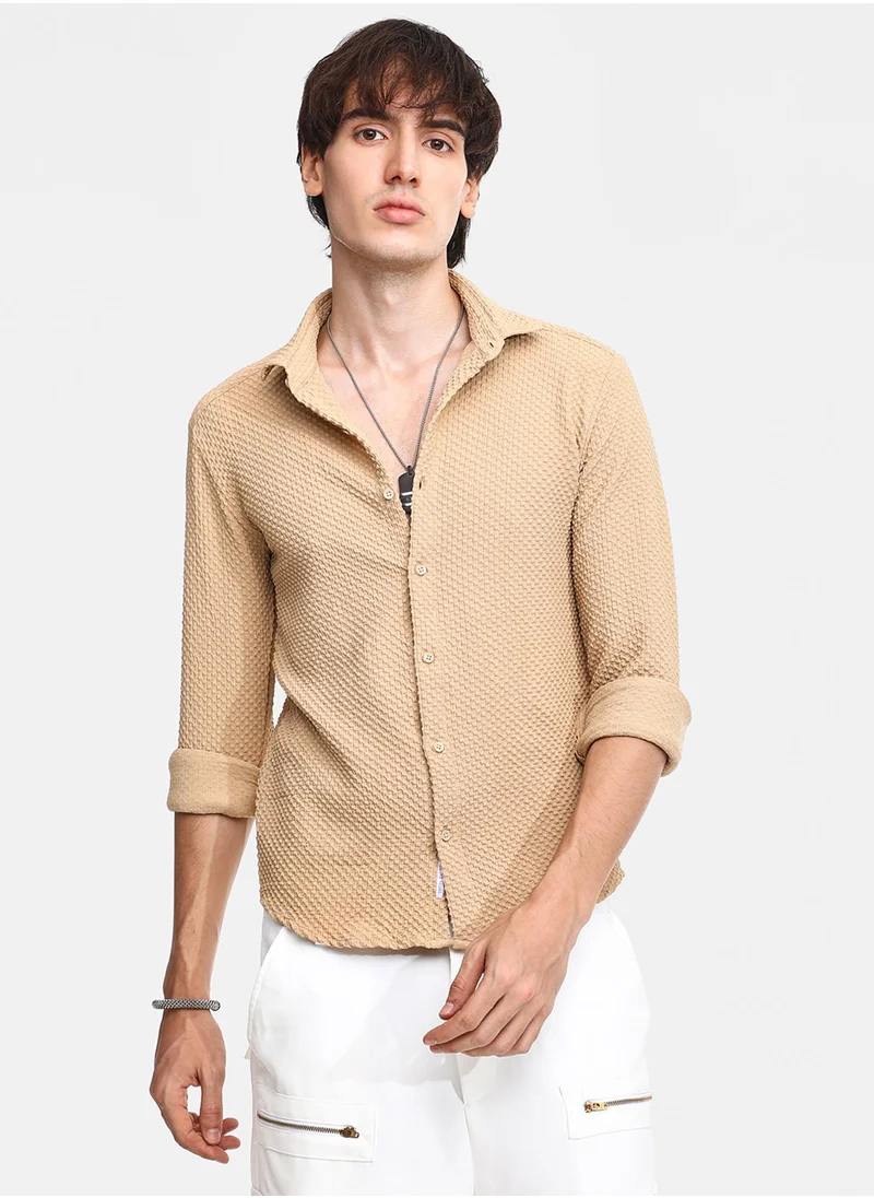 كامبوس سوترا Men's Tan Brown Micro Cubic-Textured Shirt