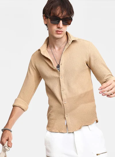 Campus Sutra Men's Tan Brown Micro Cubic-Textured Shirt