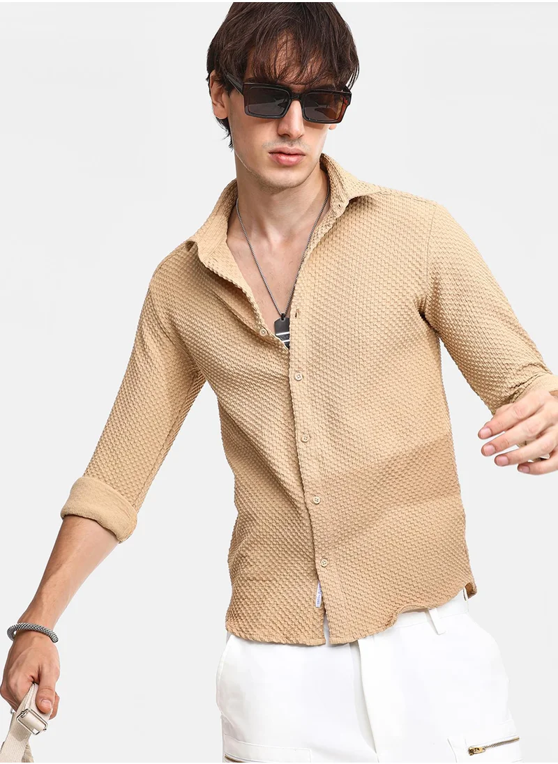 كامبوس سوترا Men's Tan Brown Micro Cubic-Textured Shirt