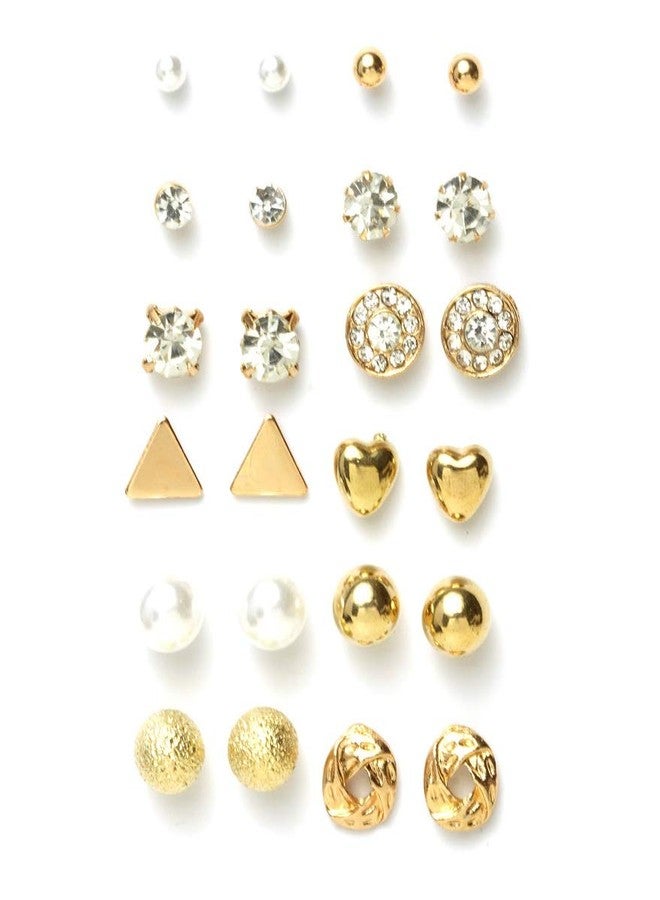 Fabula by OOMPH Jewellery Combo of 12 Gold Tone Crystal & Pearl Office-wear Fashion Ear Stud Earrings for Women & Girls (ESN117) - Image 1