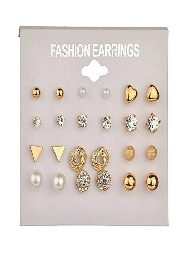 Fabula by OOMPH Jewellery Combo of 12 Gold Tone Crystal & Pearl Office-wear Fashion Ear Stud Earrings for Women & Girls (ESN117) - Image 3